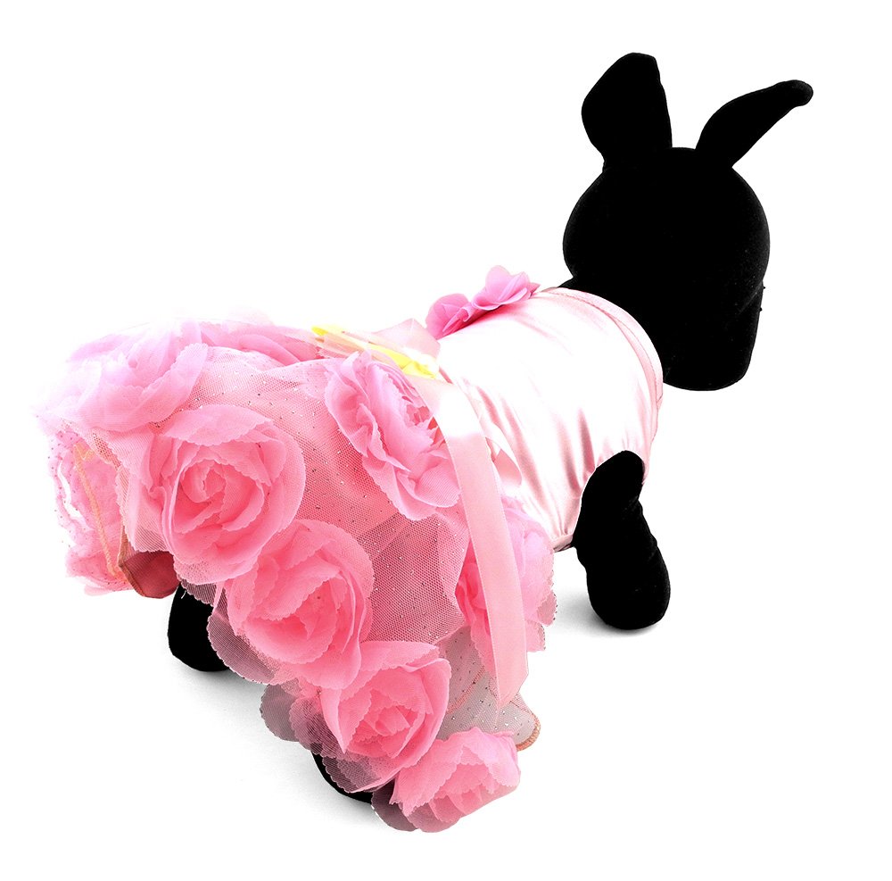 SMALLLEE_Lucky_Store Pet Small Dog Wedding Dress with Bowknot Birthday Party Costume Satin Rose Pearls Girl Formal Dress Cat Tutu Pink, Medium