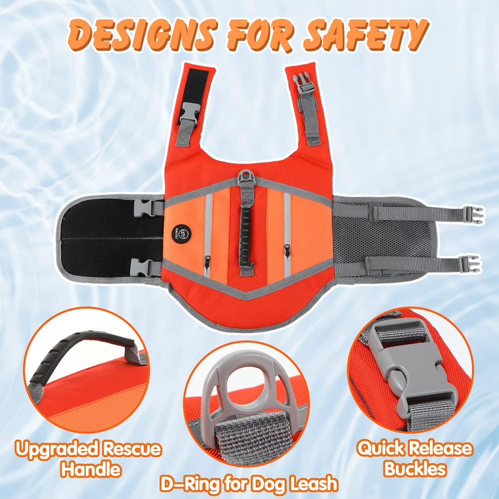 EMUST Dog Life Vests for Swimming, Adjustable Dog Life Jackets for Small Dogs with Hook & Loop, Reflective Dog Swim Vest with Quick-Release Buckles for Bulldogs, Dachshunds, Corgis, Orange, S