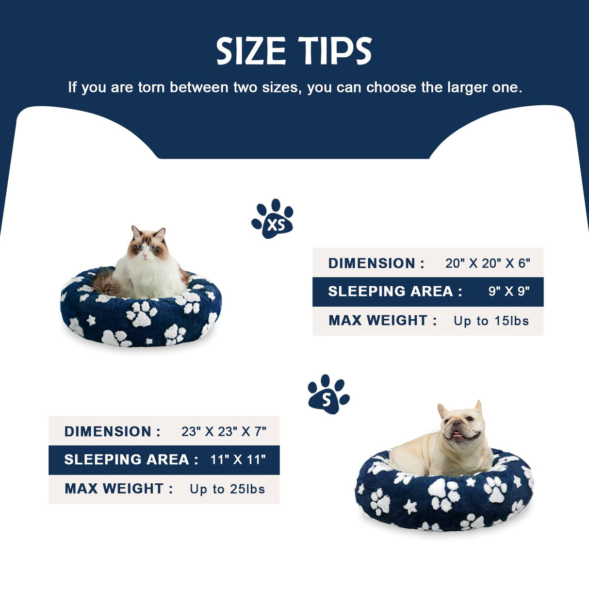 Yaning Donut Dog Beds for Small Dogs, Calming Round Cat Beds for Indoor Cats, Cute 3D Textured Paw Pet Bed with Removable Washable Cover and Anti-Slip Bottom(Navy Blue,23")