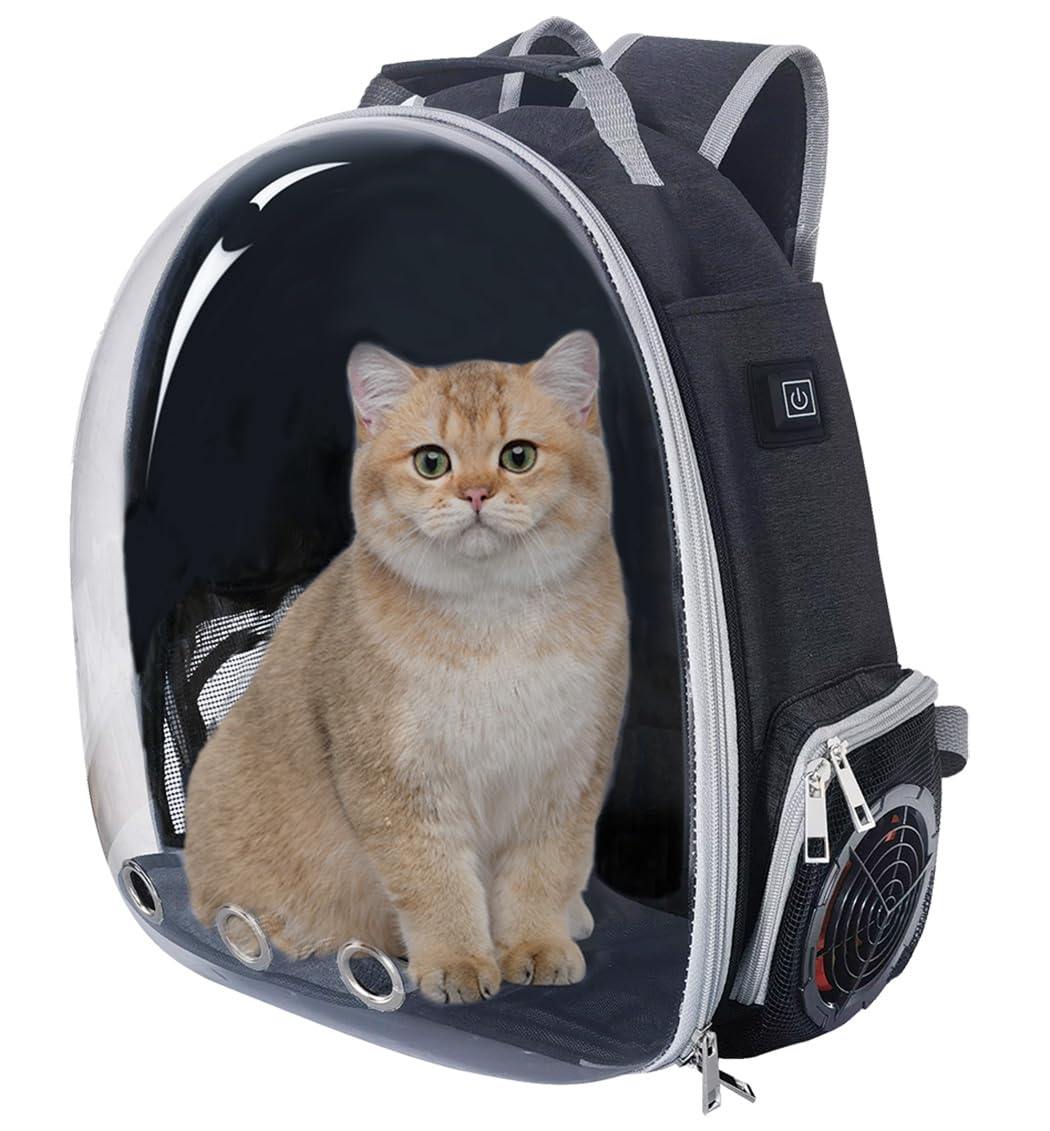 Cooling Fan Pet Backpack Carrier,Airline Approved Transparent Bubble Backpack for Cats, Dogs, Puppies Built-in Side Fan for Active Ventilation & Comfort Travel and Outdoor (Black)
