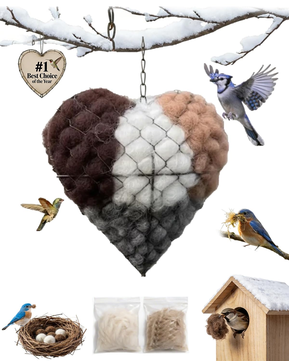 gbdyhup Handmade Alpaca Fiber Bird Nesting Heart, Outside Winter Tree Shelter for Wild Bird, Birds Nests Material Holder for Garden Art Birdhouse, Hummingbird Houses Nest Boxes for Birds Lovers (1PC)