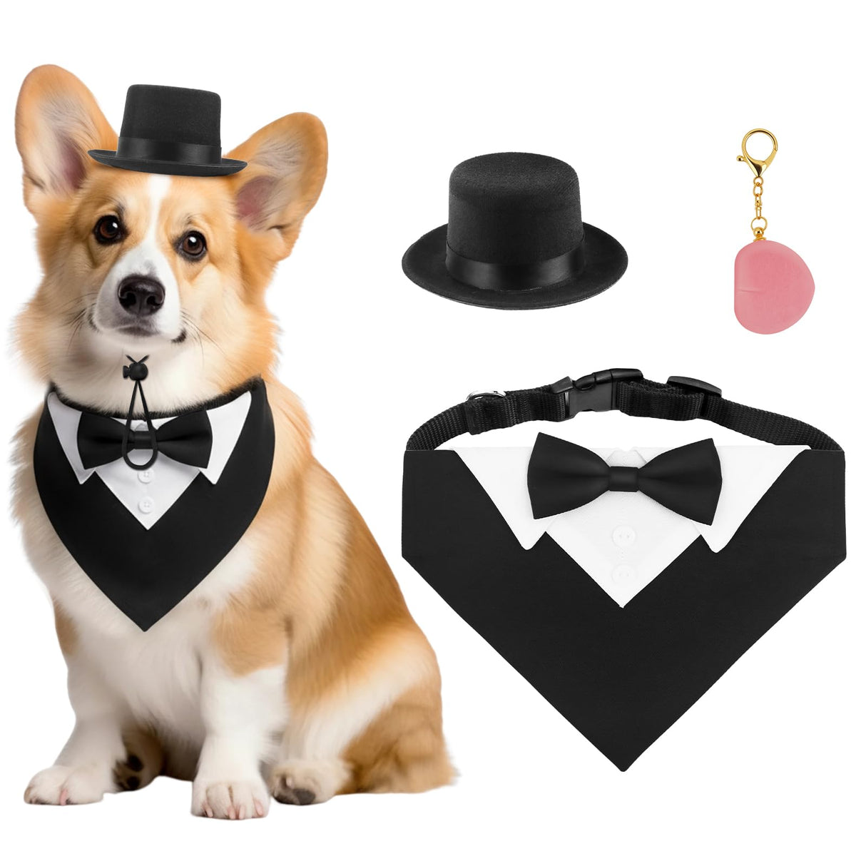 FunMular 3Pcs Formal Dog Tuxedo Accessories Set Adjustable Wedding Collar Bandana with Bow Tie Pet Top Hat for Large X-Large Dogs New Years Wedding Birthday Party