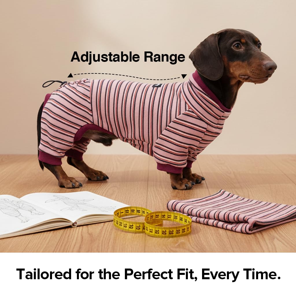 WienieDay Four-Legged Dachshund Shirt, Striped Thermal Velvet Fleece, Adjustable Back Fit, Stretchy Cozy Outfit for Mini Dachshunds & Small/Medium Dogs (Pink, Small(7-11lbs))