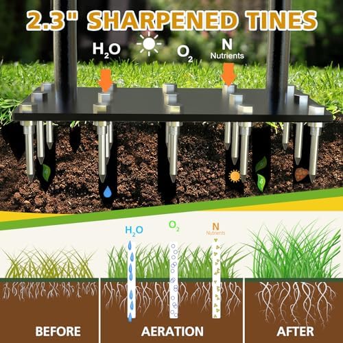 Lawn Aerator Spike Metal Manual Dethatching Soil Aerating Lawn with 15 Iron Spikes, Pre-Assembled Grass Aerator Tools for Yard, Lawn Aeration, Garden Tool, Revives Lawn Health(Black + Yellow01)
