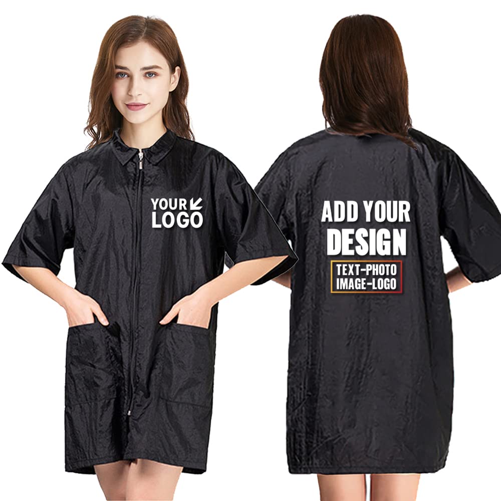 TopTie Custom Printed Nylon Salon Hairstylist Smock Barber Haircut Zipper Jacket, Dog Pet Grooming Work Shirt Uniform-Black-M
