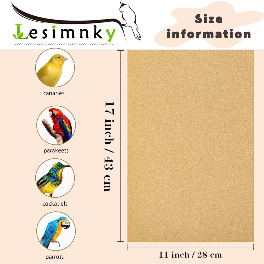 Lesimnky Bird Cage Liner 50-Pack 17β x 11β Gravel Paper Cuttable Pet Sandpaper Special for Bird Cage in Sea Sand, Easy Clean Pet Sandpaper Calcium Paper for Birdcage Parrots Cockatiels (50)