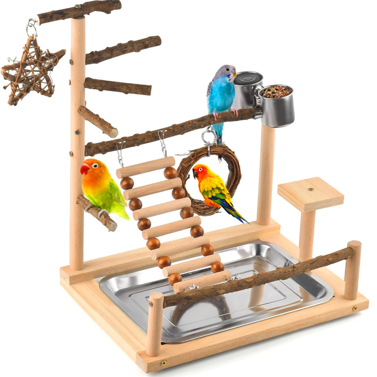KATUMO Bird Playground - Natural Wooden Perches Parakeet Ladder Conure Swing Bird Cage Accessories with Removable Tray & 2 Stainless Steel Cups