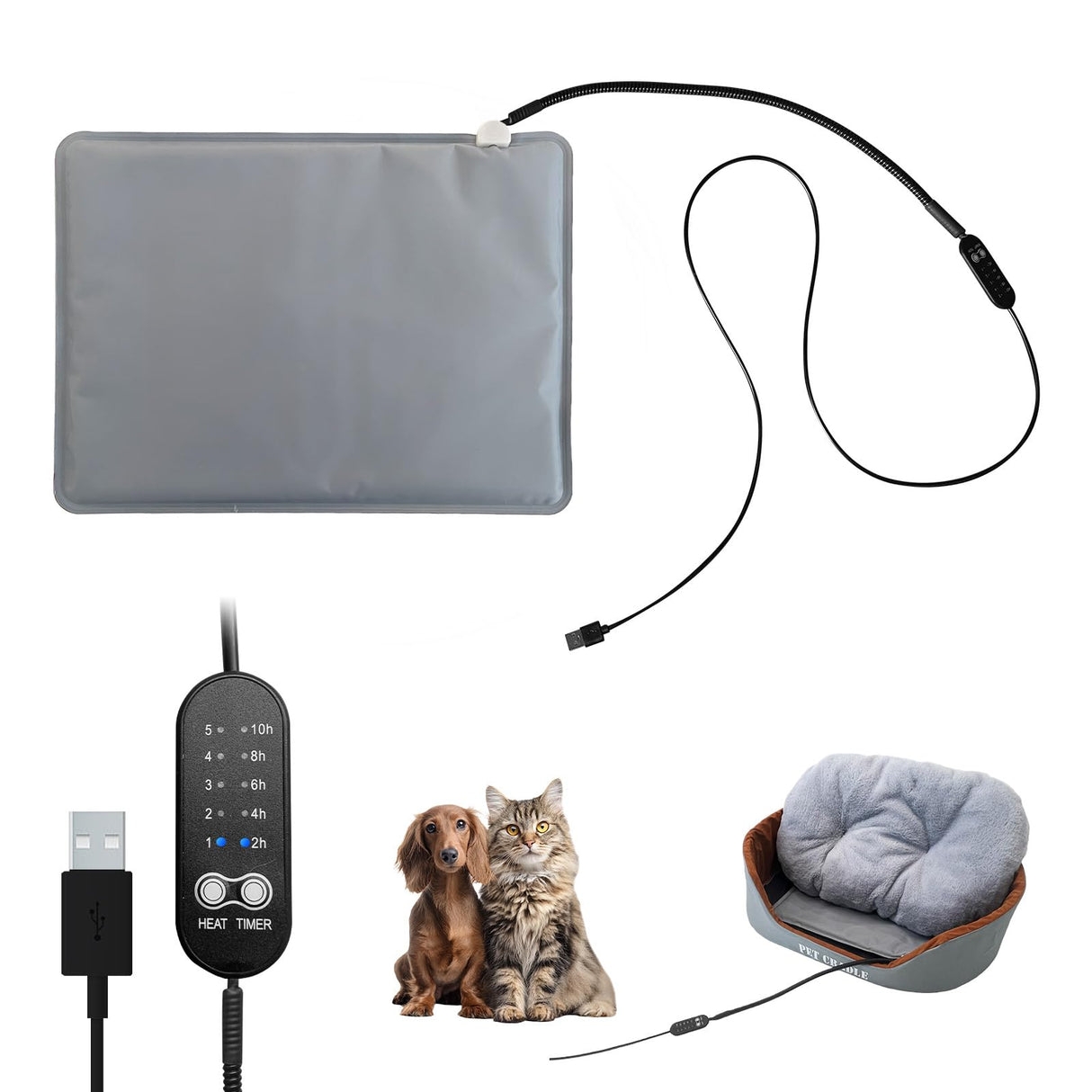 GooCare USB Pet Heating Pad – Turns Any Pet Bed Heated (Use Inside Bed), 5V/2A Required, 5-Temp & Timer, 140°F Auto Shut-Off, Waterproof Warmer for Cats/Dogs, Power Bank/Wall/Car Powered (12"x16")