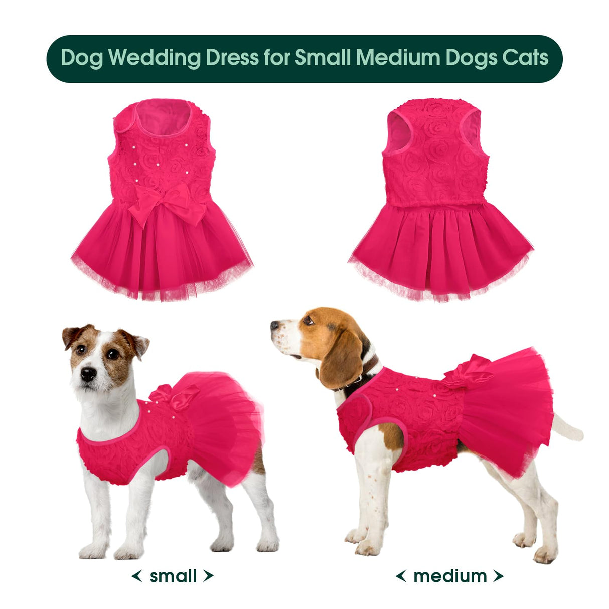 Kuoser Dog Dress Pet Wedding Dresses, Adorable Tutu Shirts for Small Medium Girl Dogs, Puppy White Princess Outfits with Luxury Lace Pearl Bow, Retro Pet Costumes for Birthday, Party, Wedding