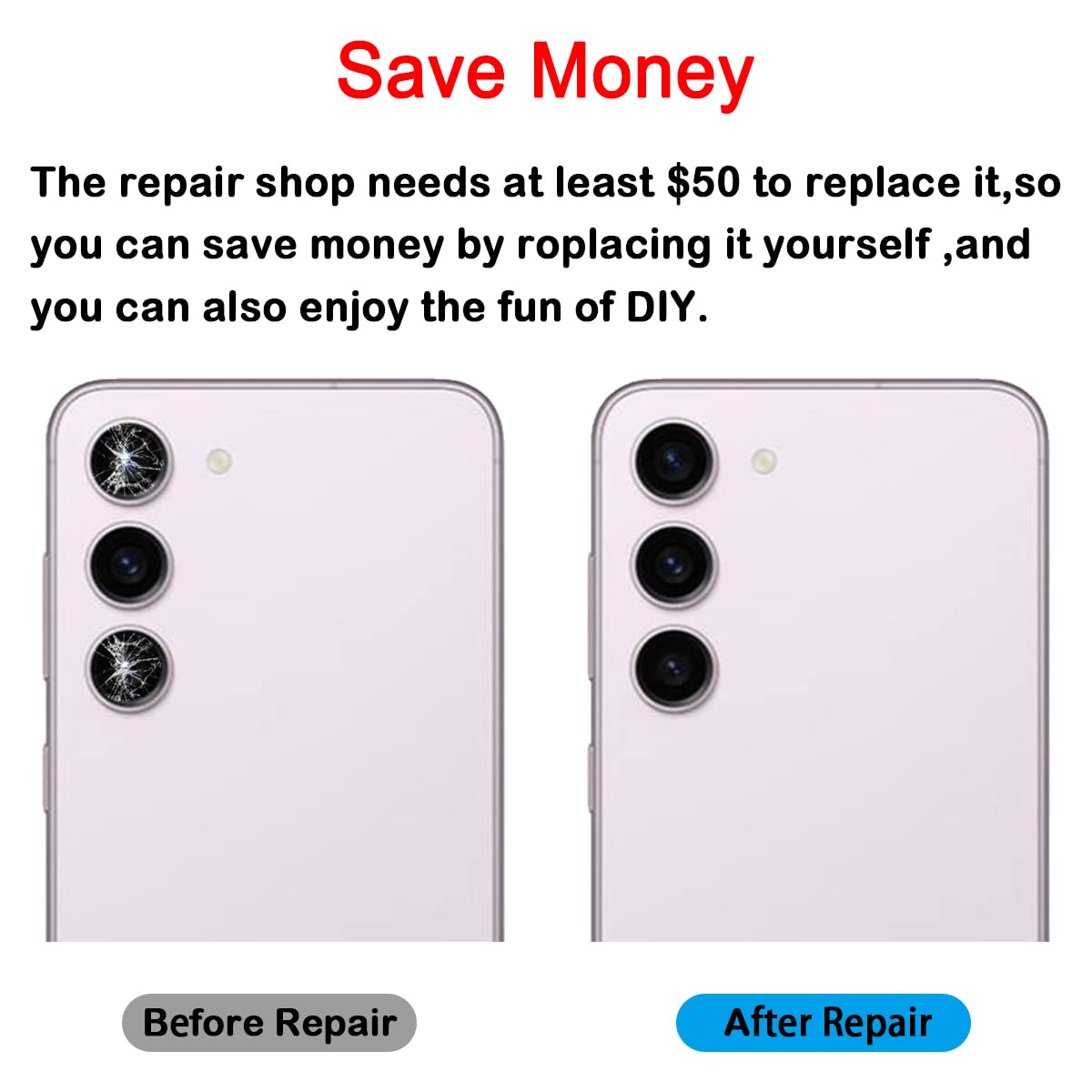 Phoupair 2 Set Back Rear Camera Glass Lens Replacement for Samsung Galaxy S23 and S23+ Plus (All Carriers) with Adhesive Preinstalled with Repair Tool Kit