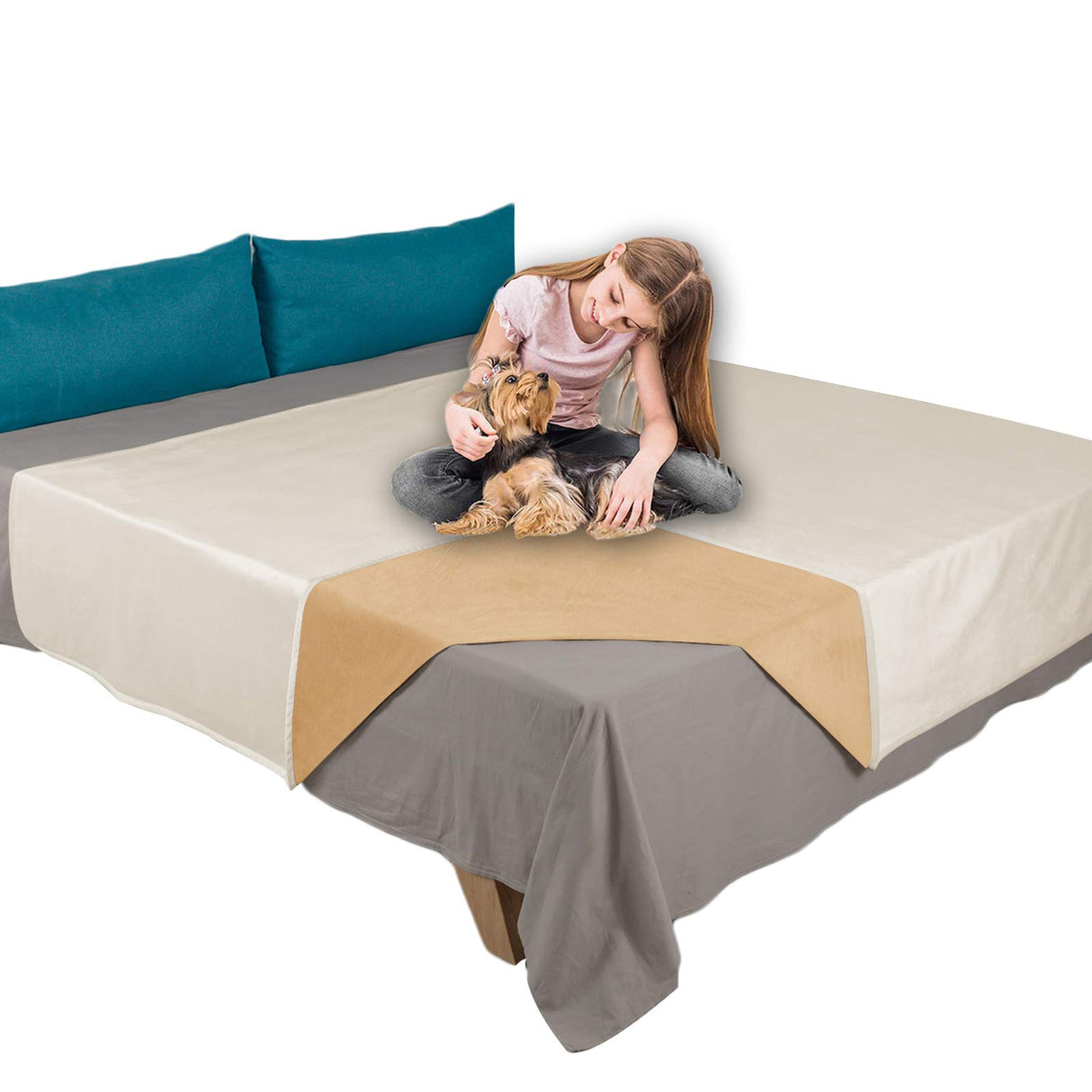 Ameritex Pet Bed Blanket Reversible 100% Waterproof Velvet Super Soft for Sofa and Bed (82x82 Inches, Cream+Sand)