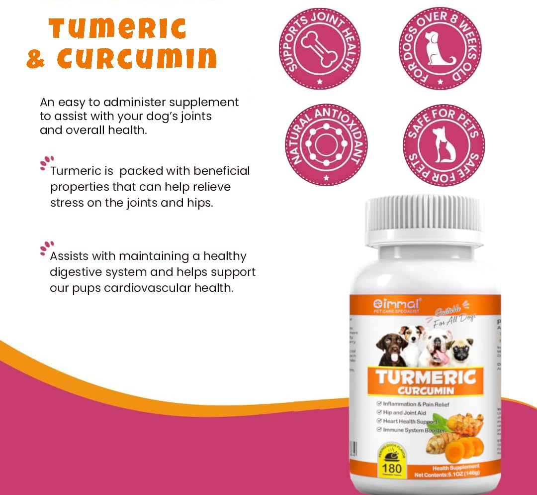 Turmeric for Dogs – 180 Count Tablet Treats with Curcumin & Piperine – Joint Health, Mobility, Allergy & Itch Relief, Skin & Coat, Hot Spots – Duck Flavor with Salmon Oil
