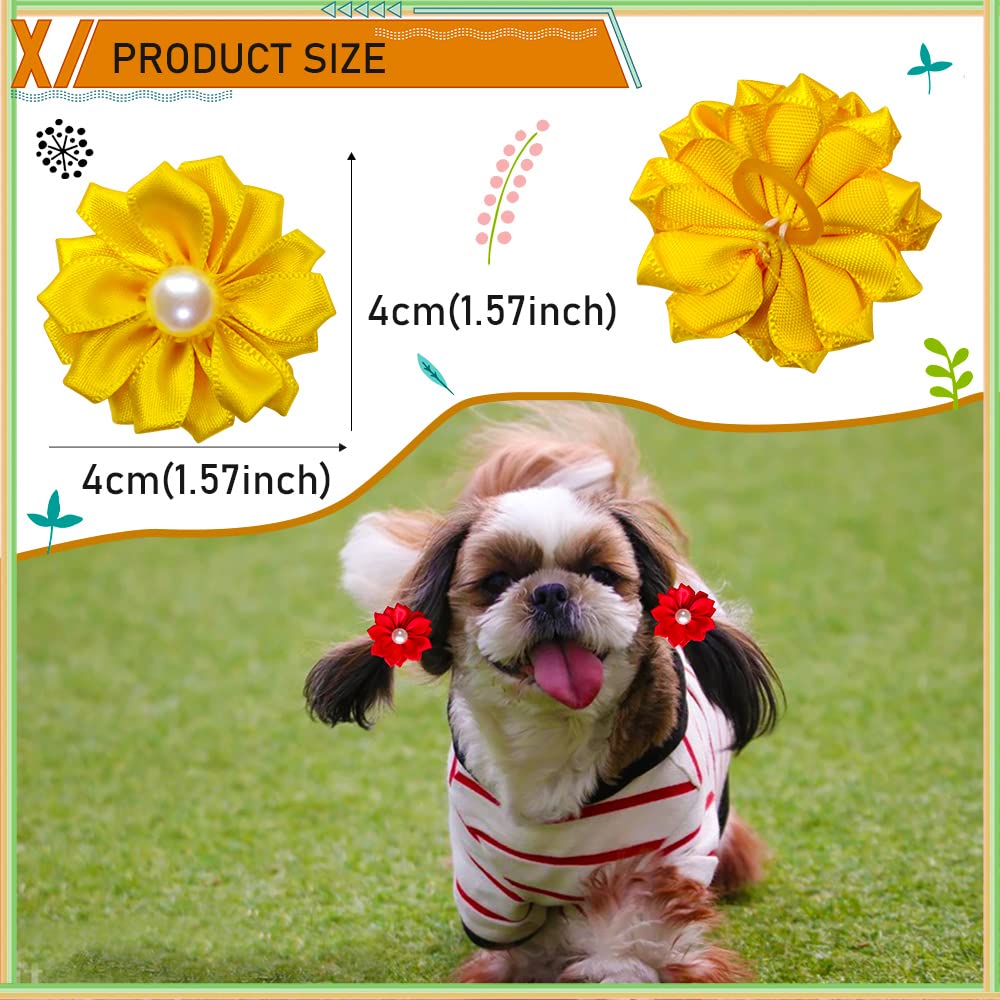Mruq pet 80pcs Dog Flower Bows, Bulk Pet Small Dog Hair Bows with Rubber Bands, Mix Handmade Tiny Dog Hair Grooming Bows, Pearls Flowers Topknot Dog Bows for Puppy Yorkie Dog Hair Accessories