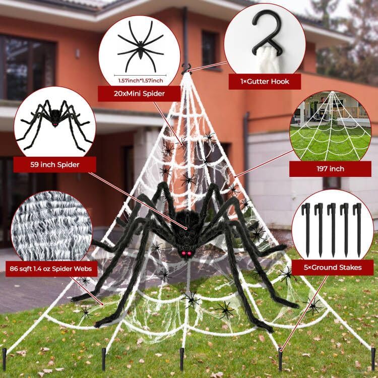 Giant Halloween Decorations Outdoor Set,197" Triangle Spider Webs Halloween with 59" Giant Spider,86 Sqft Stretchy Spider Webs,20 Fake Spiders,Halloween Party Decorations for Yard Haunted House Decor