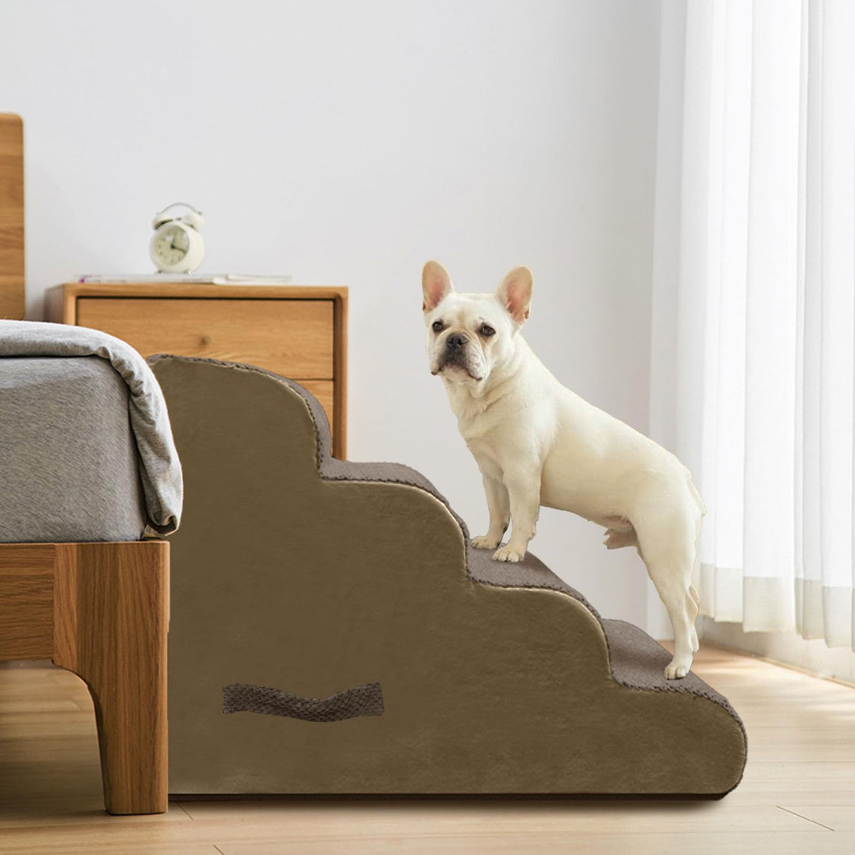PAWSCART Dog Stairs for Dogs and Cats, 4-Step Dog Steps for Bed, 19.6" H Pet Stairs for High Bed, Pet Ramp for Couch, Sofa, Non-Slip Surface Removable Washable Cover, Brown