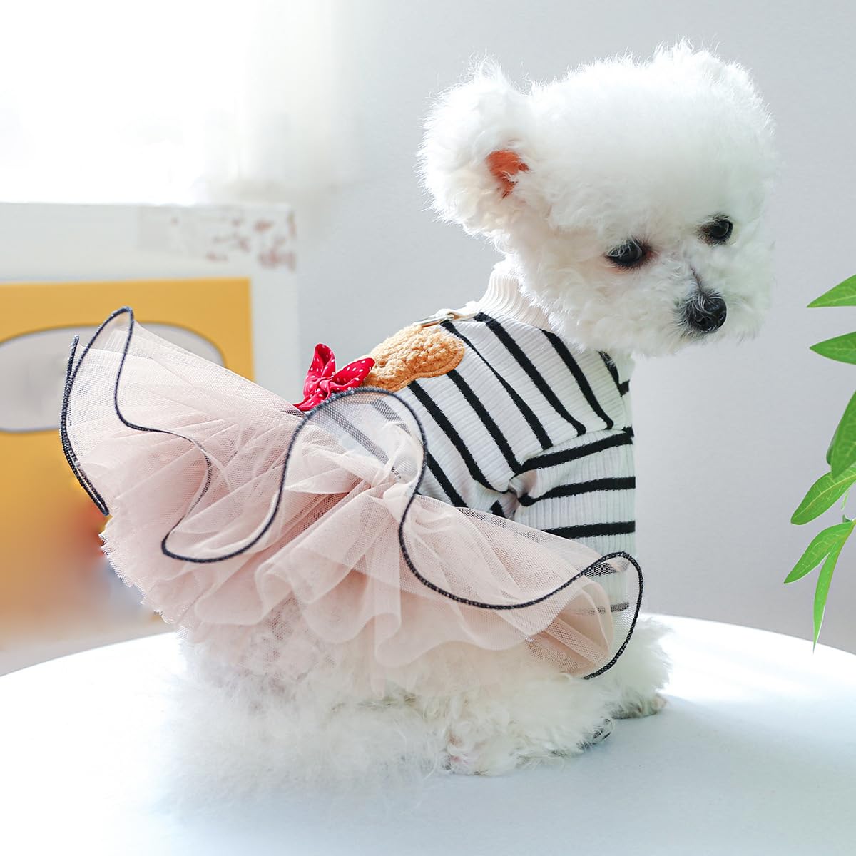 Dog Dress Tutu Skirt Bear Pattern Puppy Princess Striped Dress Elegant Small Girl Dog Clothes Bowknot Small Dog Dresses Cat Apparel Summer Dog Clothes Comfortable Breathable Outfits