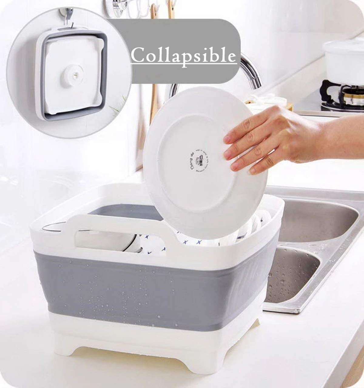 9L (2.4Gal) Dish Basin Collapsible with Drain Plug Carry Handles,Kitchen Storage Tray Dish Wash Basin, Portable Dish Tub, Foldable Dishpan for Camping,RV,Gray