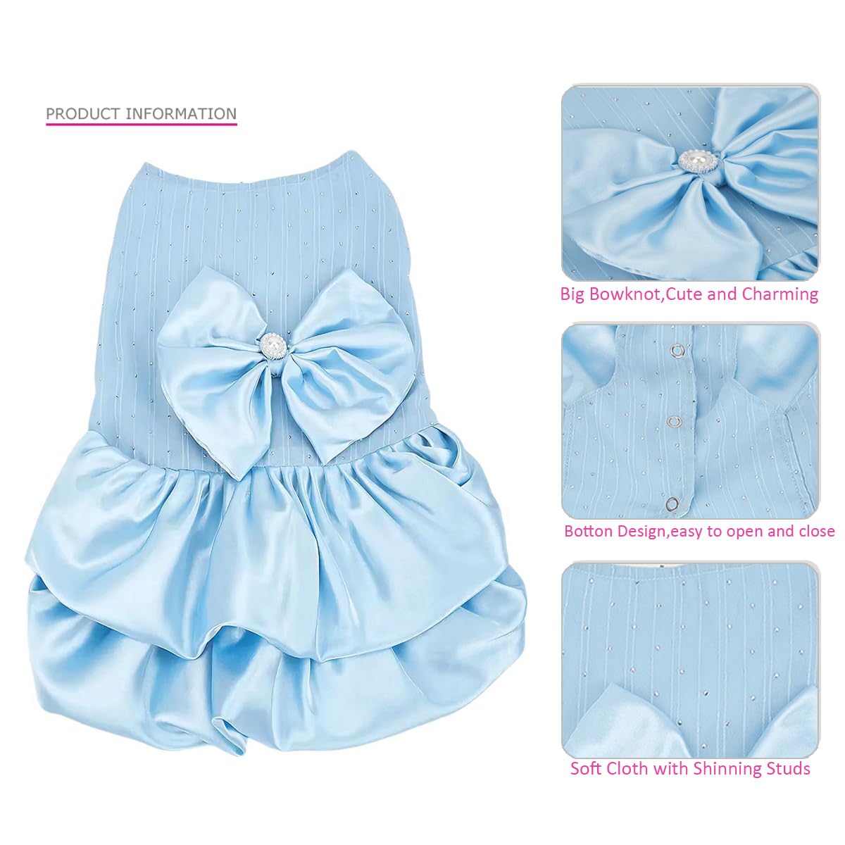 PawPleasure Dog Dress Pet Wedding Dress Princess Puppy Birthday Party Outfit Formal Apparel Girl for Small Medium Dogs Cats (Light Blue, Large)