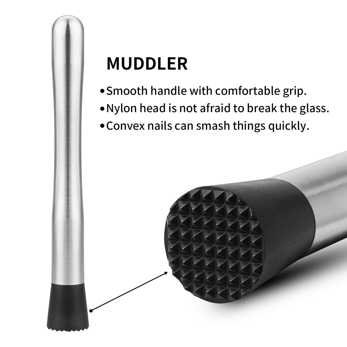 Muddler for Cocktails, 10" Muddler and Long Handle Bar Cocktail Mixing Spoon, Stainless Steel Stirrer, Bar Accessories Tools for Mojitos Fruit Drinks