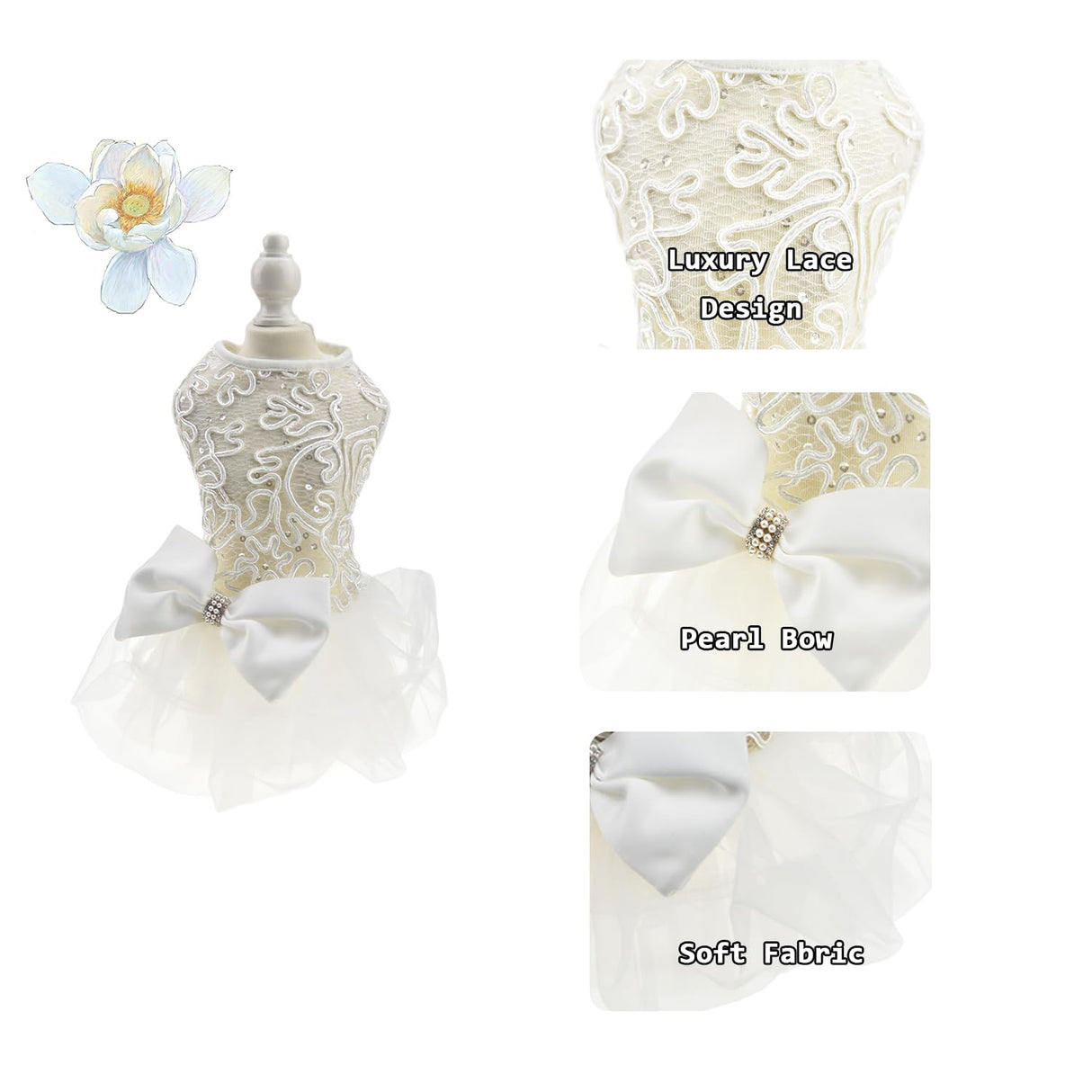 Hollow Dog Wedding Dress Tutu Skirt Luxury Lace Pearl Bow Christmas Dress Costume for Small Dog Pet Apparel (XS, White)