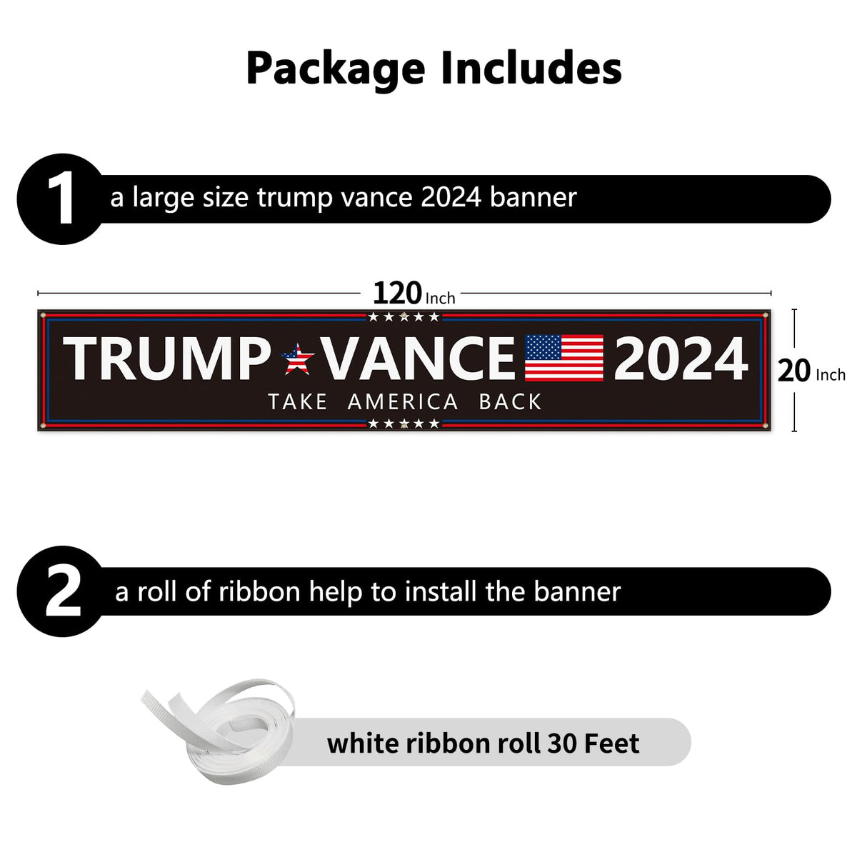 Probsin Trump Vance 2024 Banner Black 120" x 20" Decorations Take America Back President Trump Vice President Vance Yard Sign Party Supplies Hanging Outdoor Gate Decor Fence Door Indoor Wall