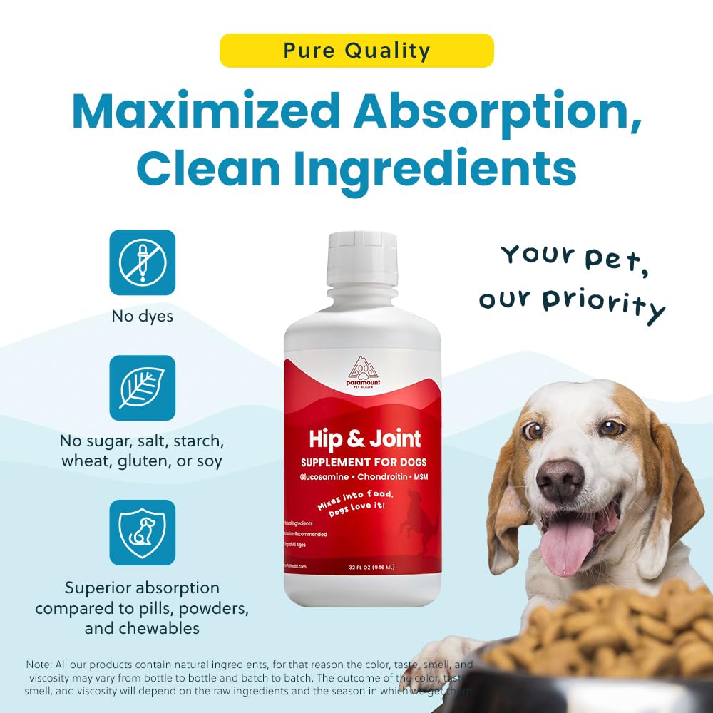 Paramount Pet Health Liquid Glucosamine for Dogs, 1600mg Glucosamine Chondroitin MSM, Hip & Joint Supplement for Large Dogs, Liquid Arthritis Relief & Mobility Support, 32 oz