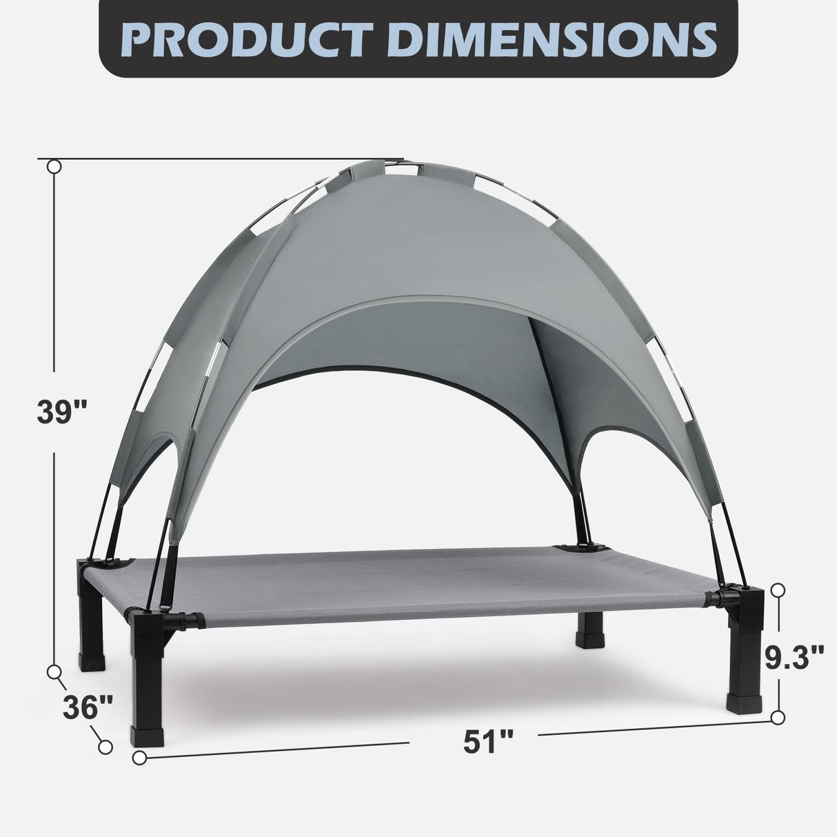 Heeyoo Elevated Dog Bed with Canopy, Outdoor Dog Bed Cot with Removable Shade Tent, Portable Raised Pet Cot Cooling Bed for Dogs and Cats, Grey, 51" x 36"