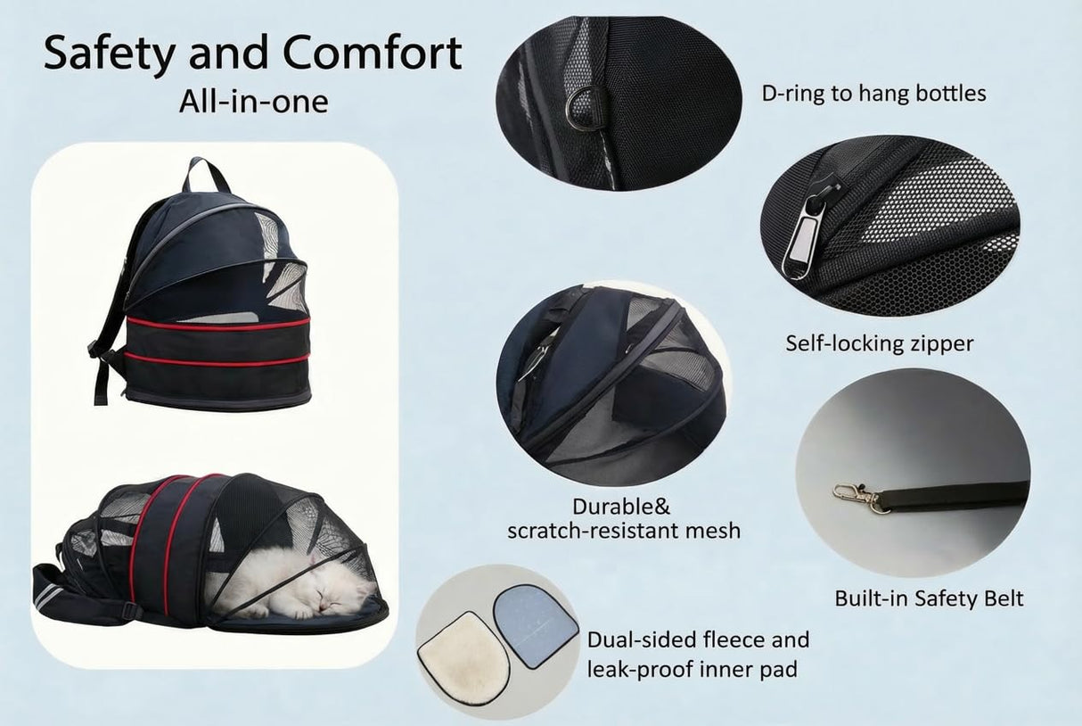 Cat Backpack Carrier for Cats and Small Dogs-Expandable Cat Carrier Breathable Visible Pet Tent for Kitty and Puppy Foldable Pet Nest Bed Perfect for Travel Walks Shopping Vet Visits Home Use-Black