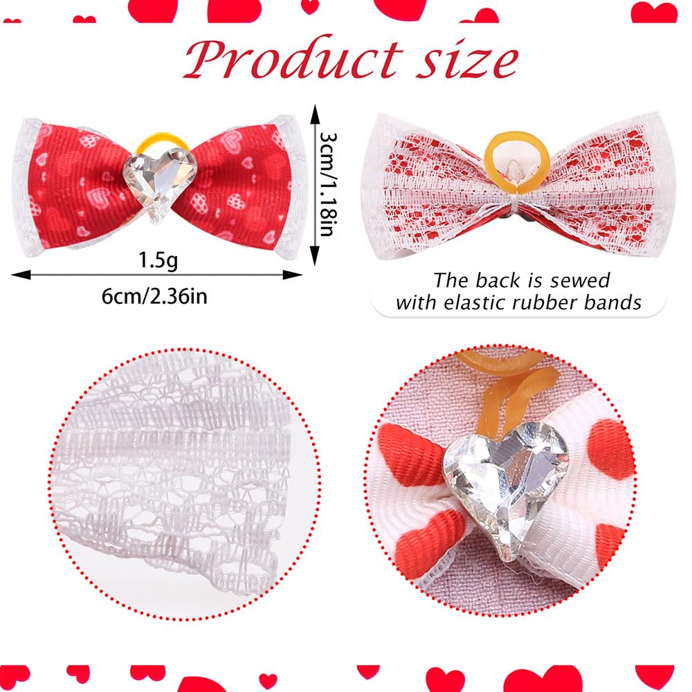 20Pcs Valentine's Day Dogs Hair Bows with Rubber Band for Small Medium Pet Curly Adorable Rhinestone Dog Bows Puppy Cat Hair Accessories Heart Pattern (for Valentine’s, Medium (2 inch)