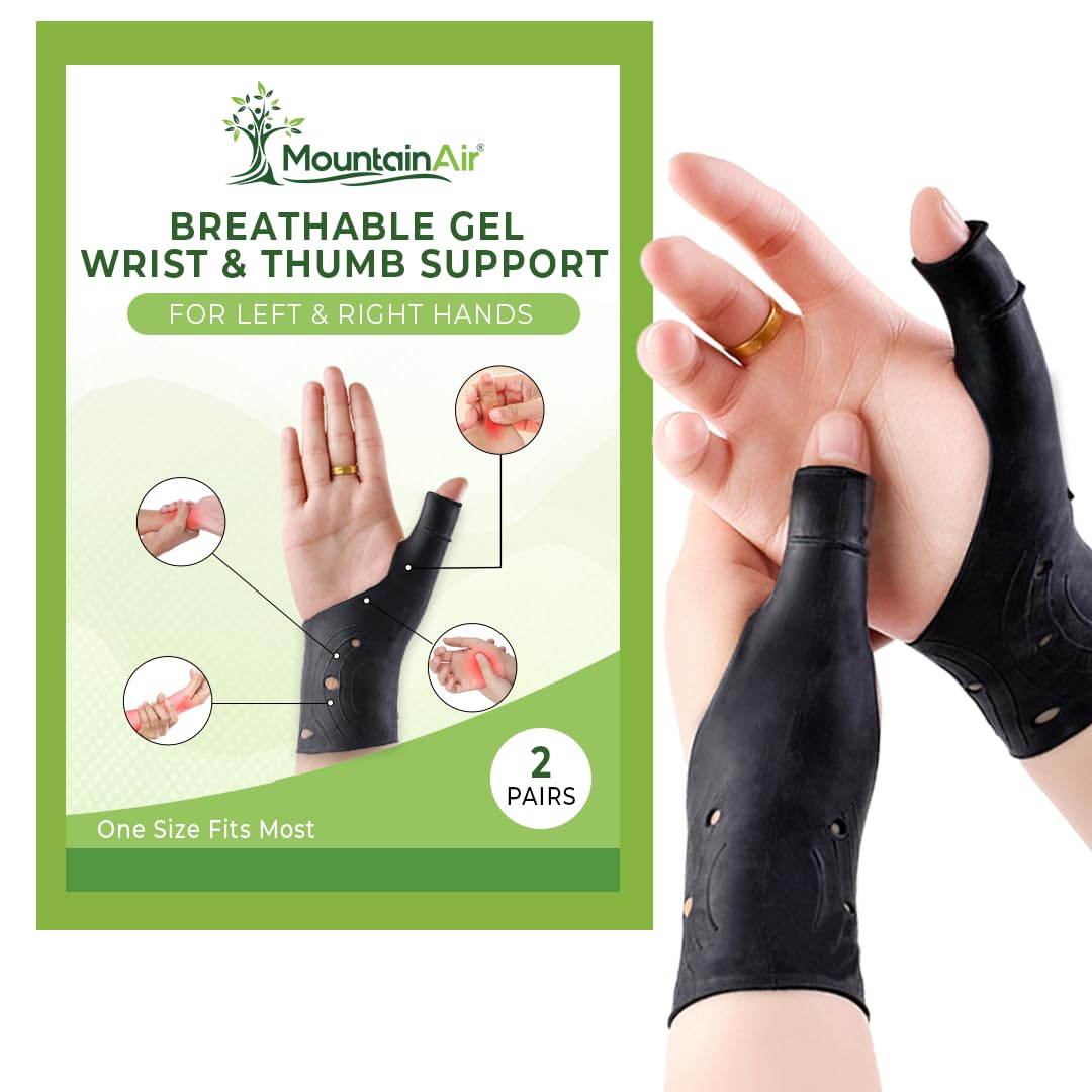 MountainAir Gel Thumb Braces (4 Pcs) – Waterproof and Unisex Wrist Brace With Thumb Support- Hand Brace for Arthritis Pain– Super Soft & Comfortable – Made With Latex Rubber (Black)