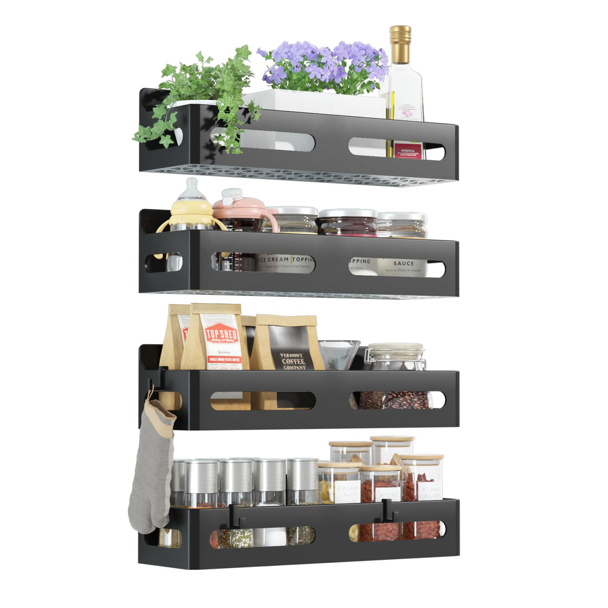 4 Pack Strong Magnetic Spice Rack for Refrigerator, Multipurpose Magnetic Shelf for Fridge with 4 Hooks for Kitchen and Bathroom Organization, Black