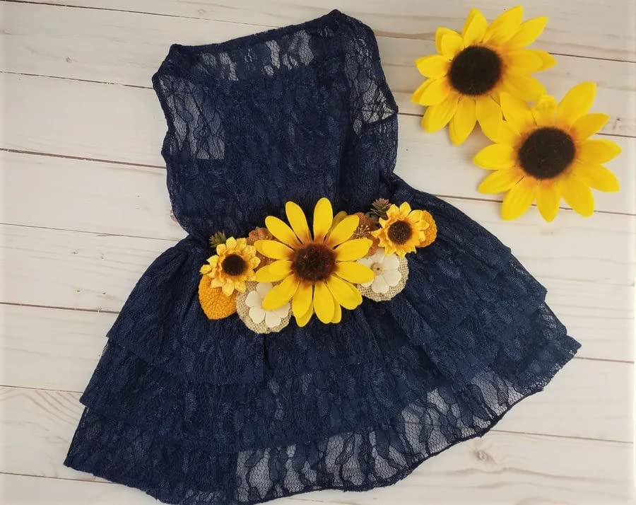 Sunflower Dog Dress, Navy Sunflower Wedding Dog Dress, Dog Flower Girl Dress, The Dorothy, Wedding Dog Dress, Dog Clothes (X-Small (3-6 lbs))