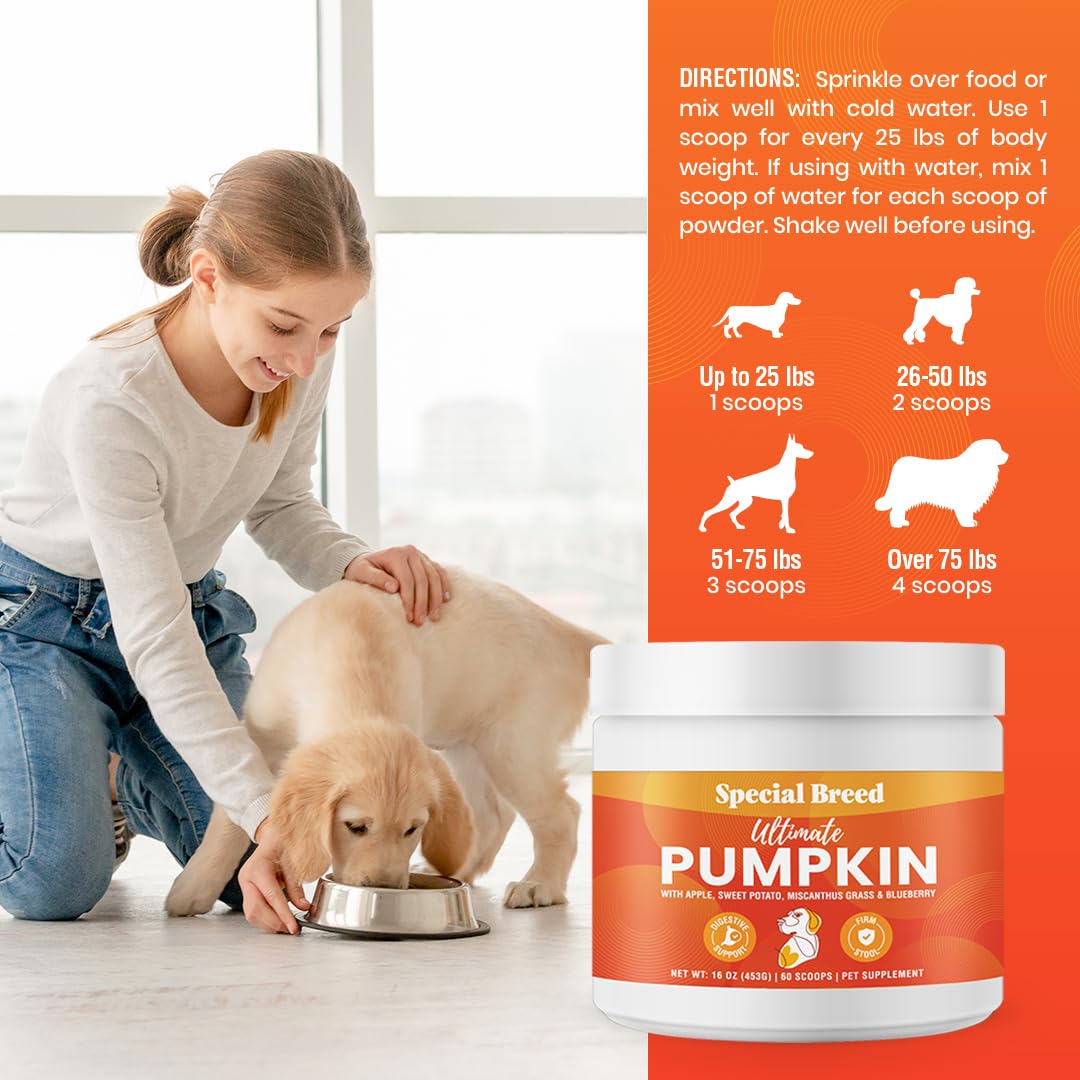 Ultimate Pumpkin for Dogs (16 oz) - with Organic Pumpkin, Apple, Sweet Potato, Miscanthus Grass & Blueberry, Digestive Support Relief for Constipation, Loose Stools, and Upset Stomaches, 60 Scoops