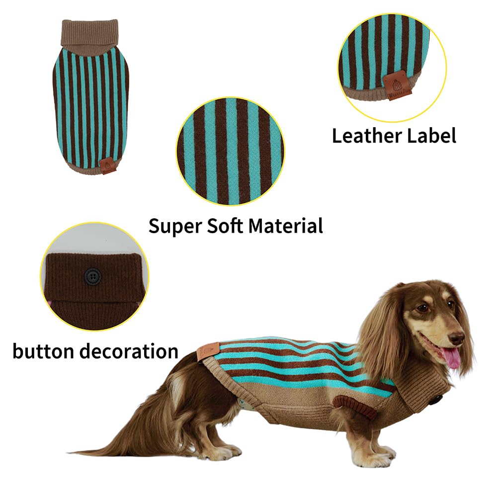 WienieDay Cozy Striped Turtleneck Sweater for Dachshunds and Small Dogs, Knitted Stretchy Pullover for Medium Dogs (Blue&Brown, Medium (12-16 lbs))