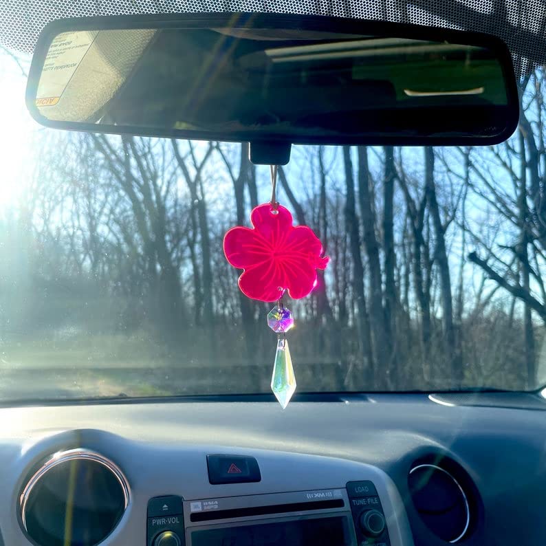 Hibiscus Hawaiian Flower Car Charm, Pink Crystal Suncatcher, Rearview Mirror Car Accessories, Cute Boho Interior Decor, New Car Gift For Her (Flower - Red, Crystal - Purple)