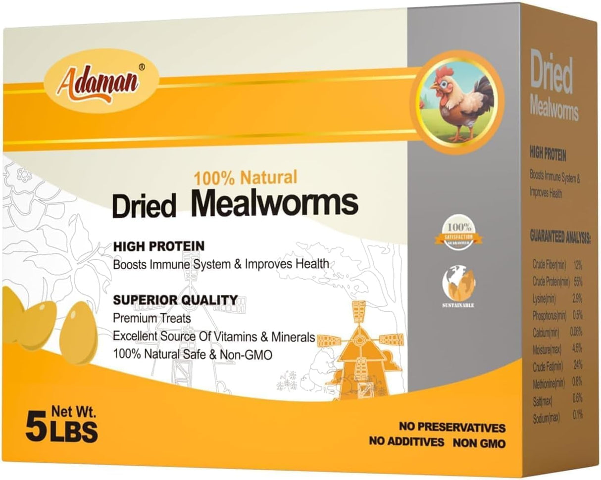 Adaman Dried Mealworms -5 LBS- 100% Natural High Protein Mealworms - Bulk Meal Worms for Blue Birds, Chickens, Ducks - Best Chicken Treats, Bird Food, Turtle Food