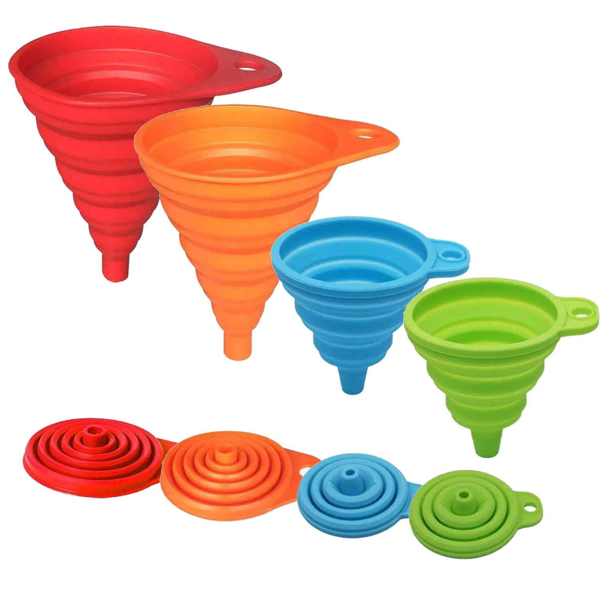 Foldable Silicone Funnel Set (4 Pack) – Collapsible Small & Large Funnels for Kitchen, Water Bottles & Liquid Transfer – Food Grade