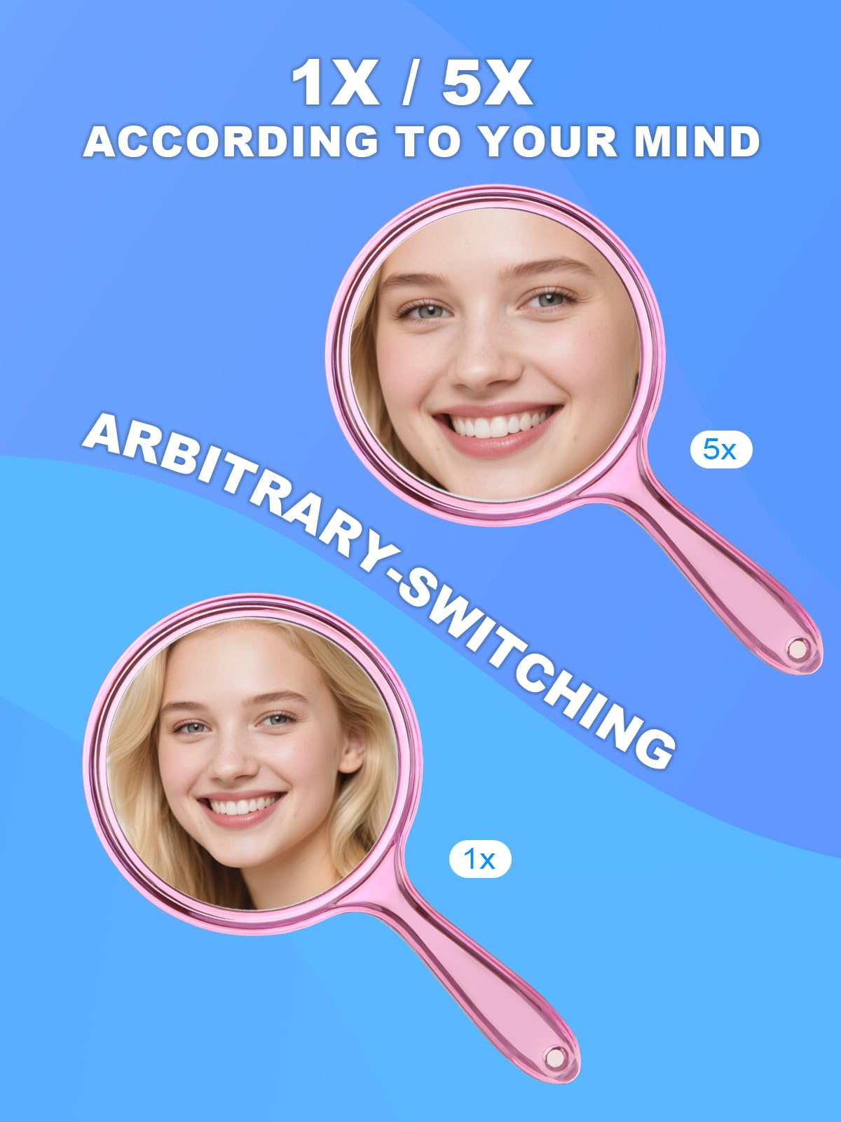 Handheld Mirror with Handle, 10.5 x 5.7 inches, Double-Sided 1X/5X Magnification Travel Makeup Mirror for Women, Pink
