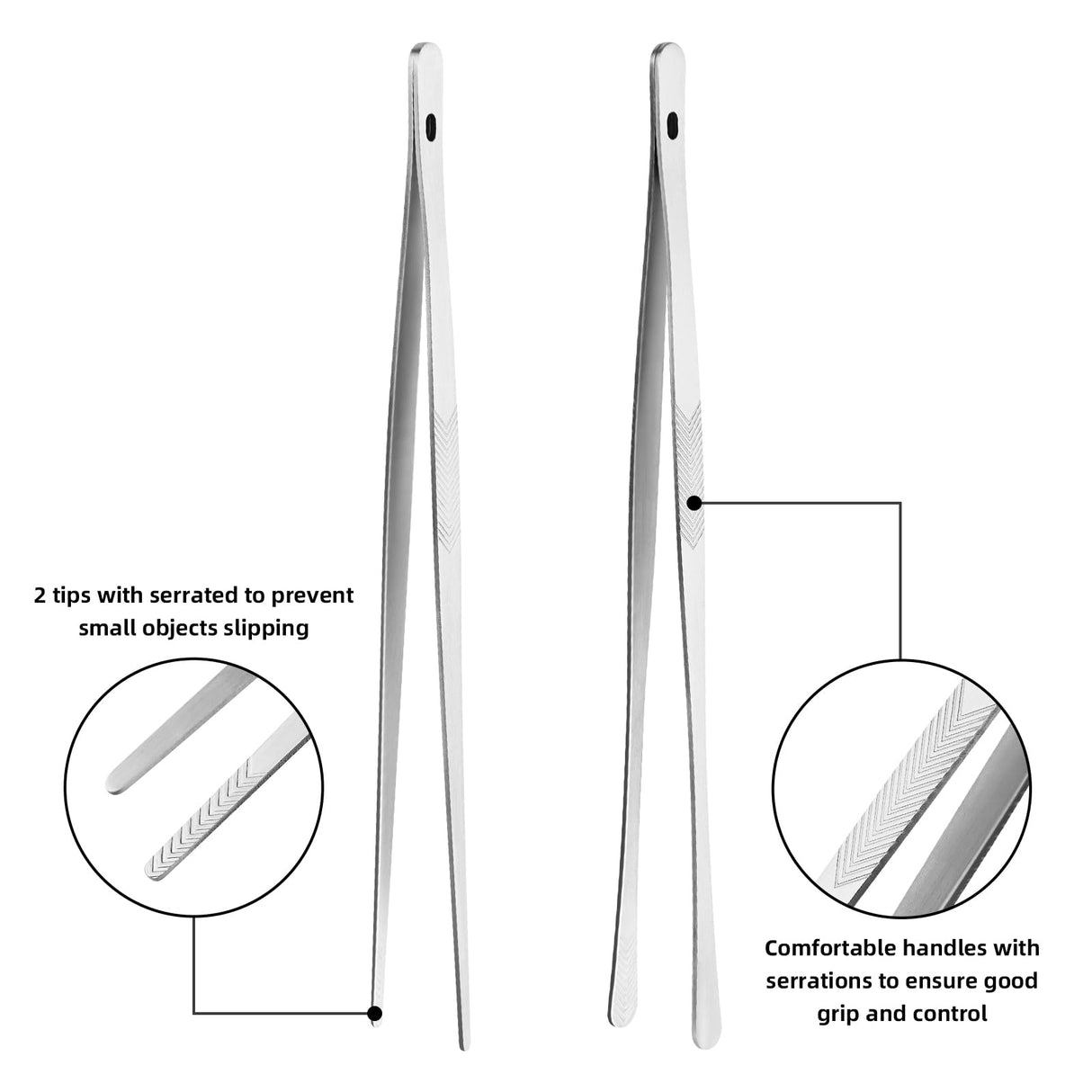 Kitchen Cooking Tongs Tweezers - 2PCS 12" Stainless Steel Kitchen Utensils, Metal Fine Tweezers Tongs with Precision Serrated Tips for Chef, Serving Food, Grill, Culinary, Pasta, Salad, BBQ