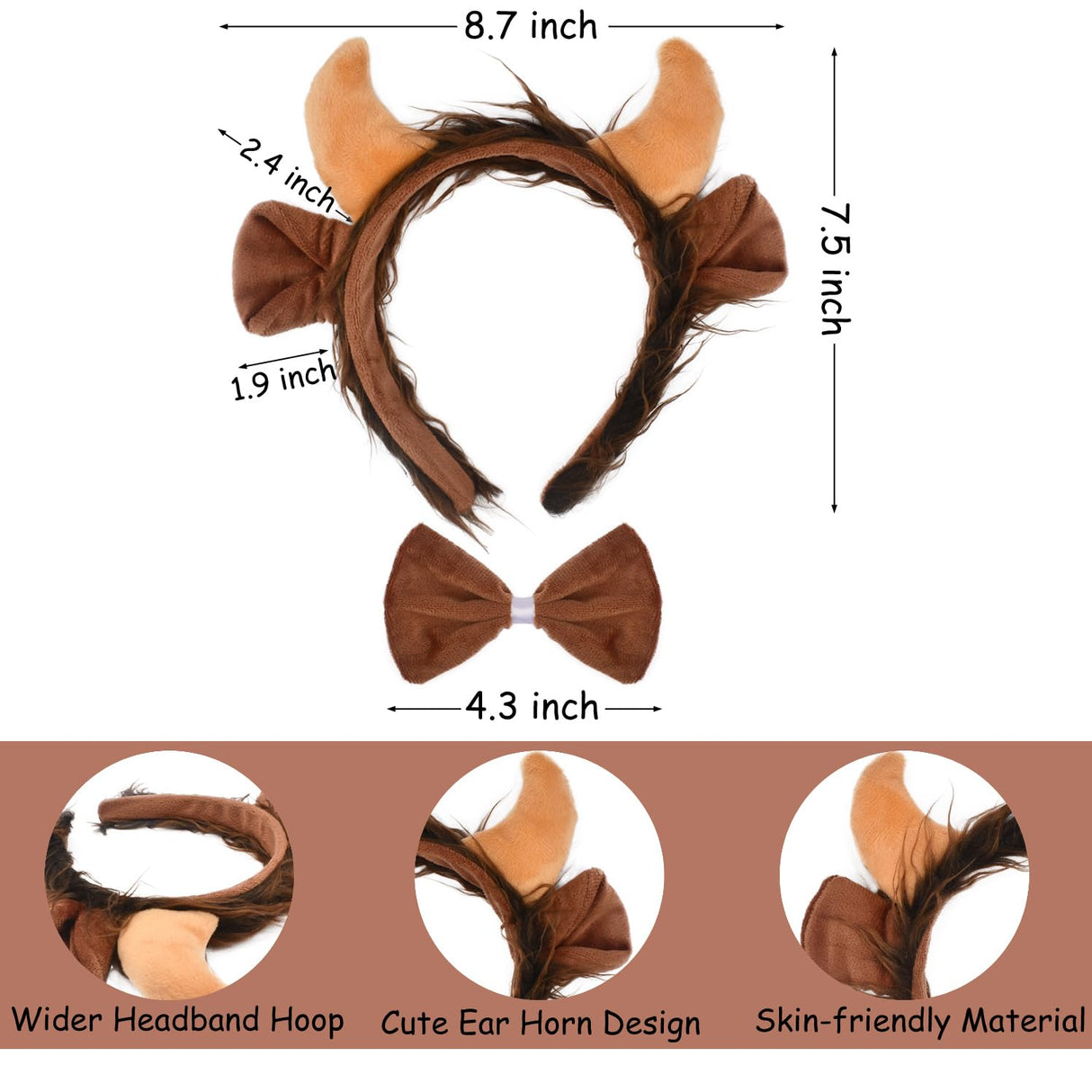 HODRME 3 Pieces Beast Ears Horns and Tail Set-Bull Headband with Tail Bow Tie Cosplay Party Halloween Costume Accessories for Kids and Adults