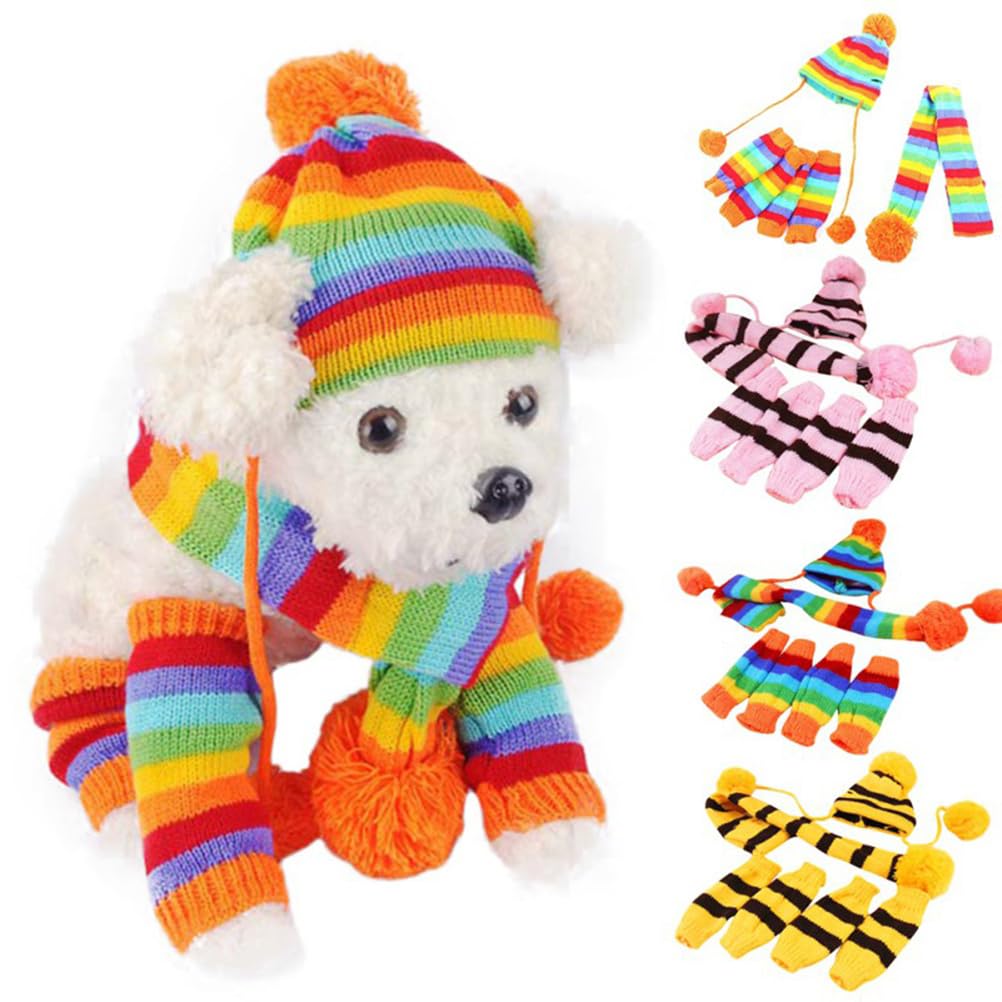POPETPOP Towel Set Knitted Winter Dog Scarf Hat Set - Winter Warm Caps Neck Warmer Dog Costumes Knitted Scarf Hat Leg Warmers Striped Leggings for Small Dogs Puppy Towel s