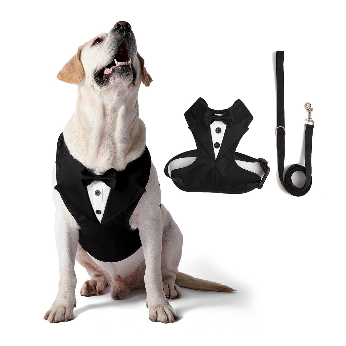 PawPleasure Dog Tuxedo Harness, Adjustable Pet Harness No Pull for Small Medium Dogs, Doggie Wedding Suit with Bow Tie Party Costume (Black, XL)