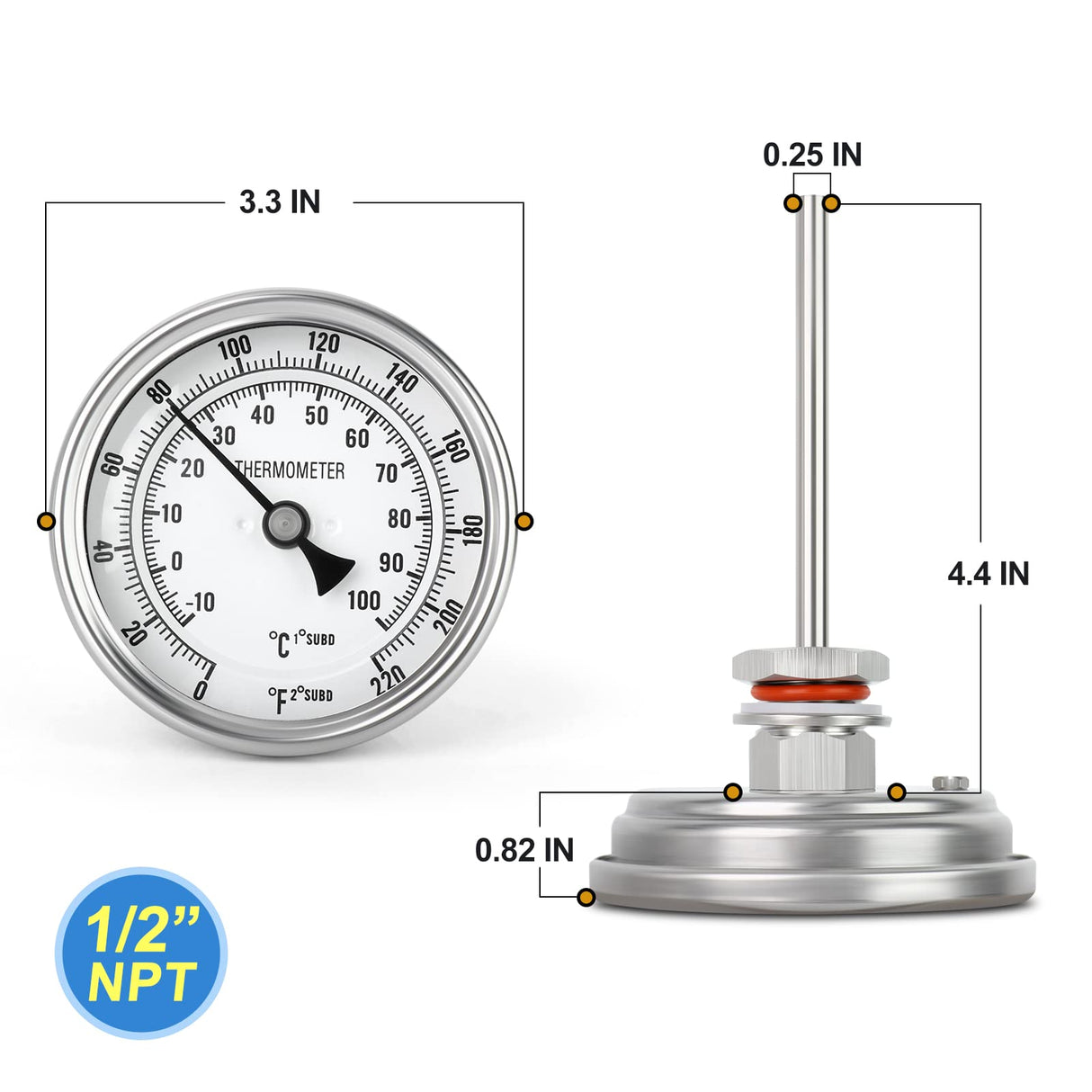 MEANLIN MEASURE 1/2" NPT Bimetal Thermometer for hot Water, boilers, and Pipes,3.3" Dial, 4.4" Stainless steel Stem,Temperature Range 0-220°F/-10-100 ° C, Accuracy 2%,Center Back Mount