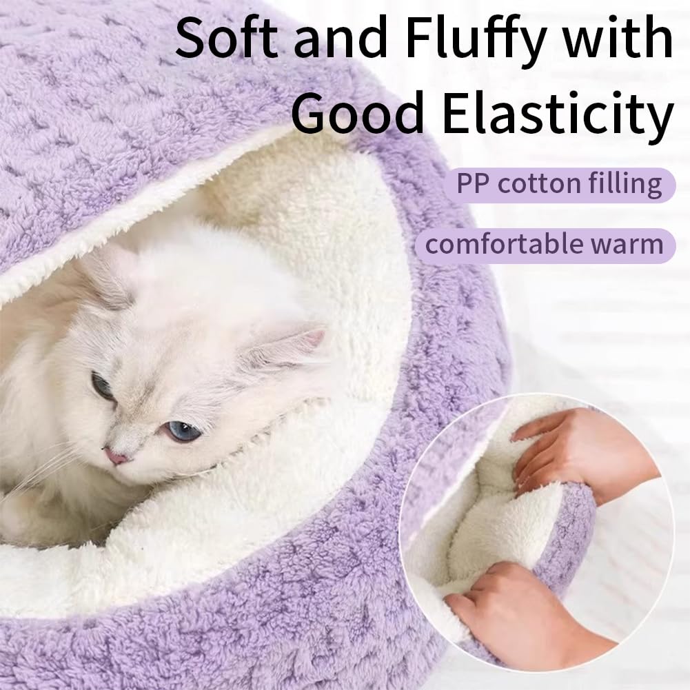 Plush Cat Bed Hooded Semi Enclosed Shell Shaped Pet Nest Cozy Warming Anti-Slip Small Dog Bed for Puppy and Kitten (Coffee, Small)