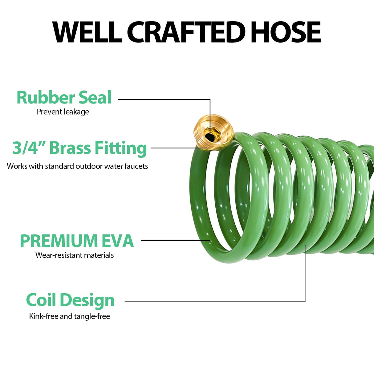 SUTEKUS Coil Hose Water Hoses Coiled Boat Hose Lightweight Self Coiling Garden Hose With 3/4 inch Brass Fittings (15FT)