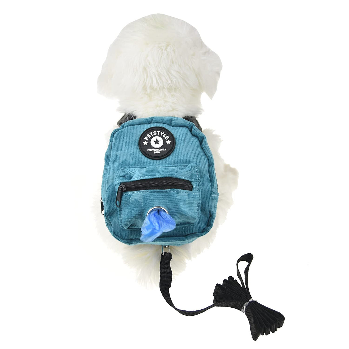 FLAdorepet Dog Backpack Harness with Leash, Dog Poop Bag Dispenser, Pet Self Carrier Adjustable Travel Hiking Walking Harness Backpack for Small Medium Dogs (L(Fit:10-15lb), Blue)