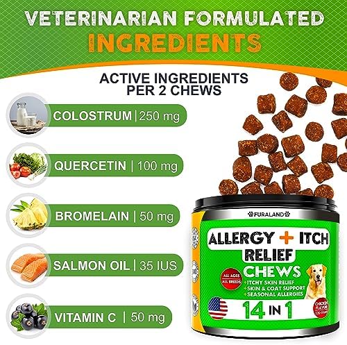 Dog Allergy Relief Chews - Dog Itch Relief - Omega 3 Fish Oil + Probiotics - Itchy Skin - Seasonal Allergies - Anti Itch Support & Hot Spots - Immune Supplement for Dogs