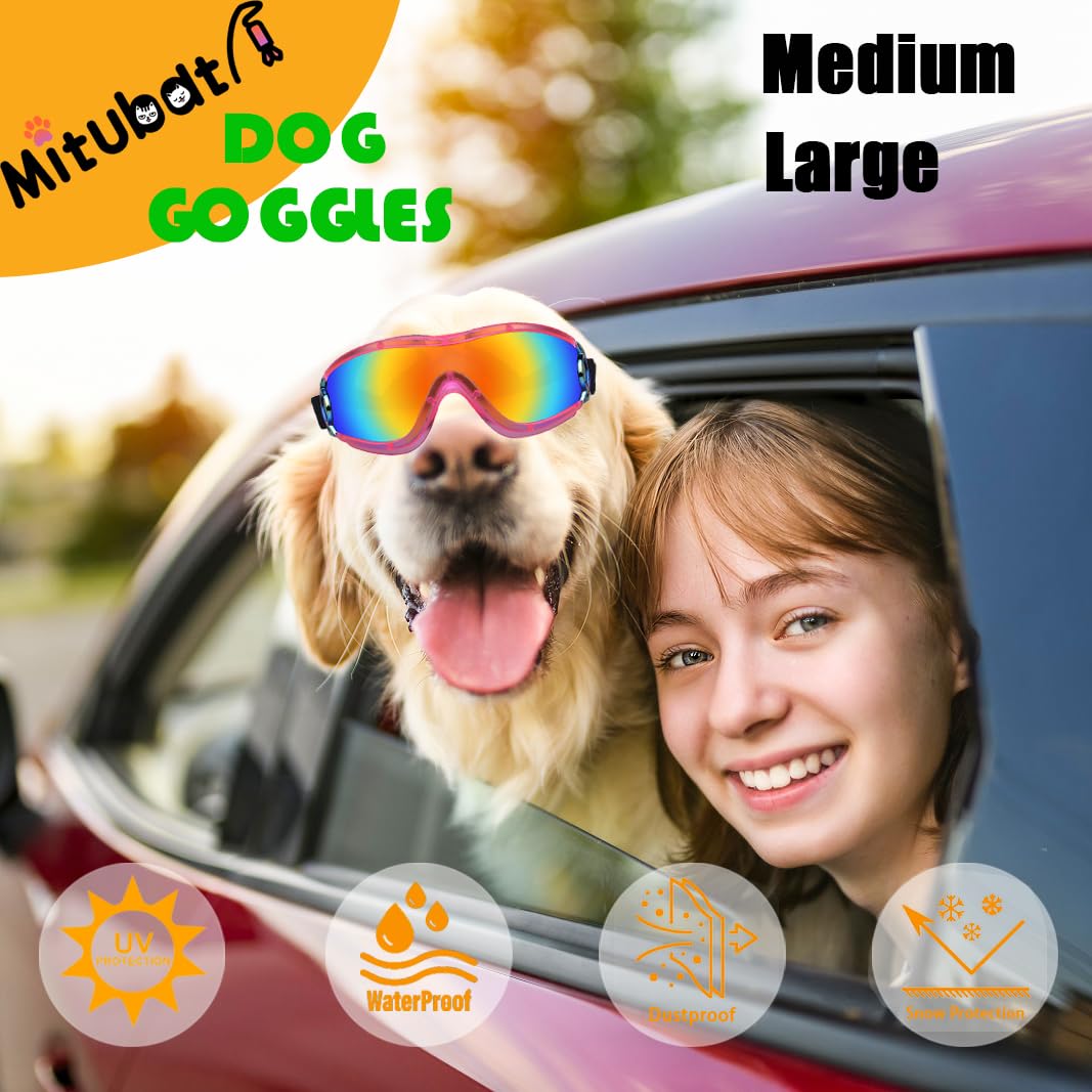 Mitubati Dog Sunglasses Pet Goggles for Medium Large UV Protection Wind Protection Dust Protection Adjustable Strap Dog Glasses Suitable for Snow Beach Motorcycle