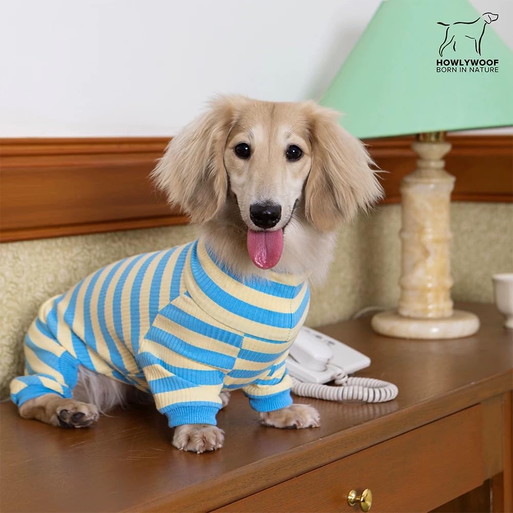 HowlyWoof Dachshund Dog Shirt, Thin Striped Base Layer Onesie for Wiener Dogs, Lightweight All-Season Wear, Soft & Comfy Fit for Doxie and Short-Leg Breeds (Pink&Grey, Size 1 (7-11lbs))