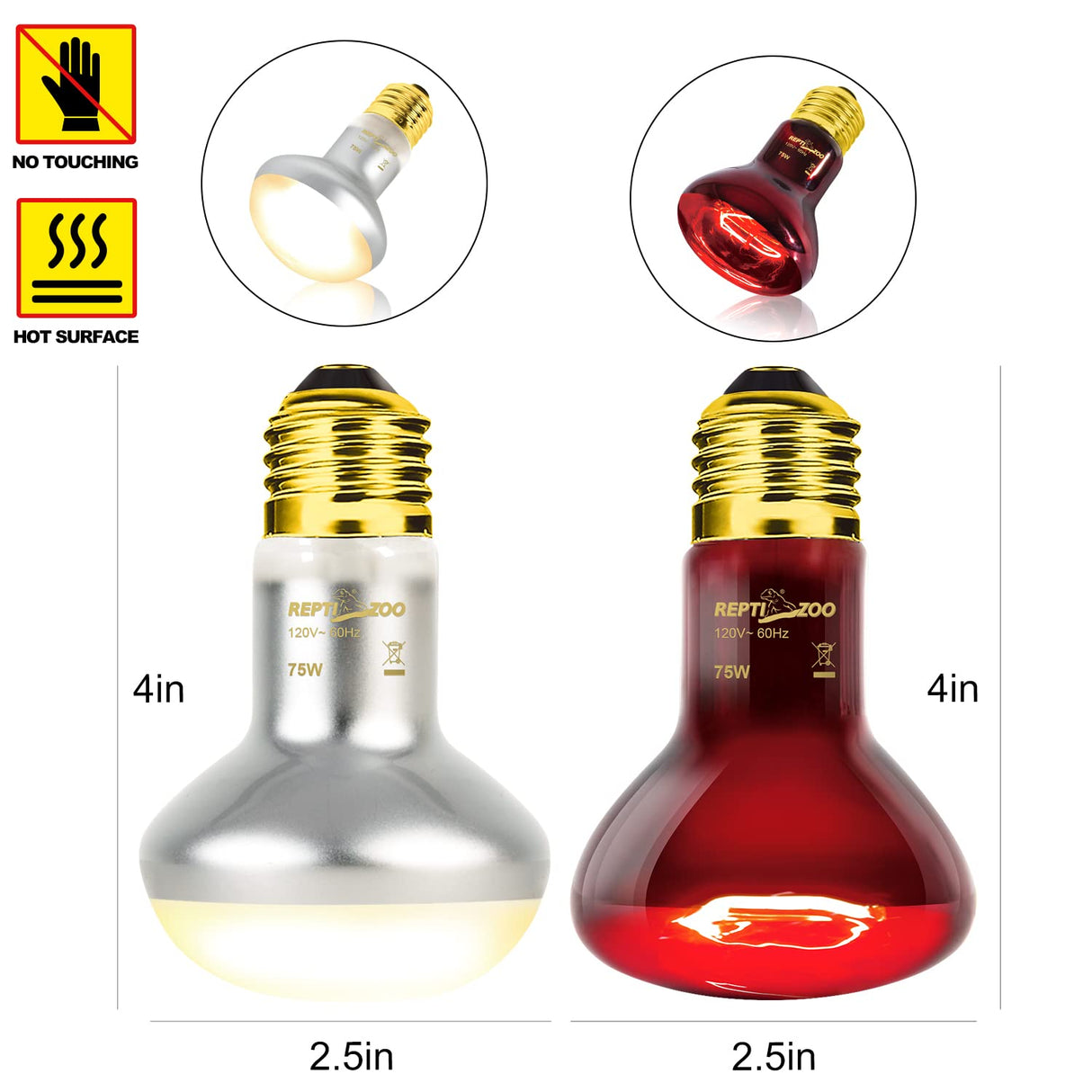 REPTI ZOO 75W Reptile Heat Lamp Bulb, 2PCS Day & Night Basking Spot Light Combo Pack Includes Infrared Heat Lamp and UVA Daylight Heating Lamp Basking Light